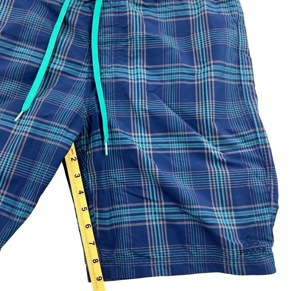 PrAna Swim Trunks Board Shorts‎ Men 34 Blue Teal Plaid Hike UPF 50+ Unlined   9